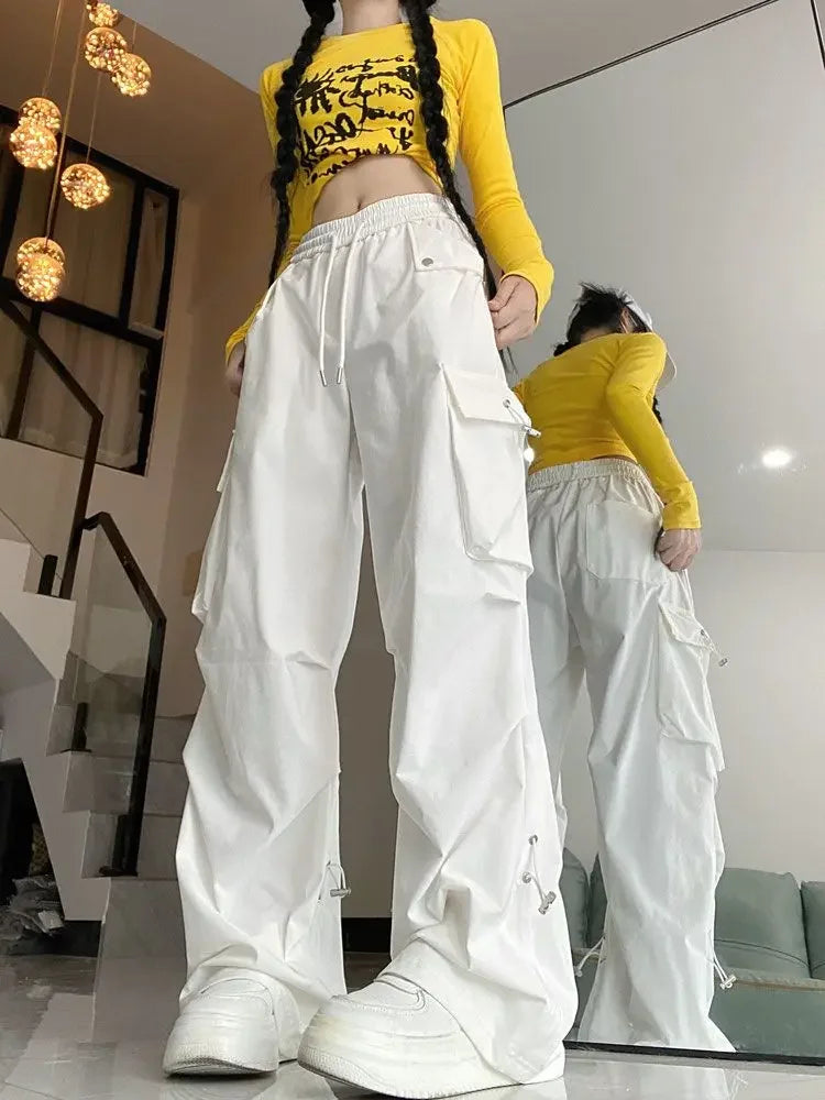 2025 Hip Hop Style White Y2k Baggy Kpop Pleated Trousers Cargo Parachute Pants Oversized Korean Streetwear Wide Leg Joggers 90s