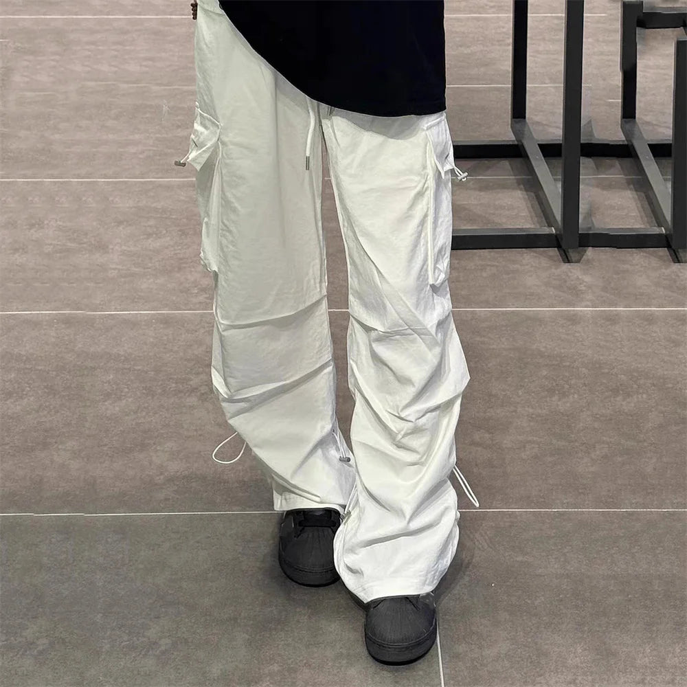 2025 Hip Hop Style White Y2k Baggy Kpop Pleated Trousers Cargo Parachute Pants Oversized Korean Streetwear Wide Leg Joggers 90s