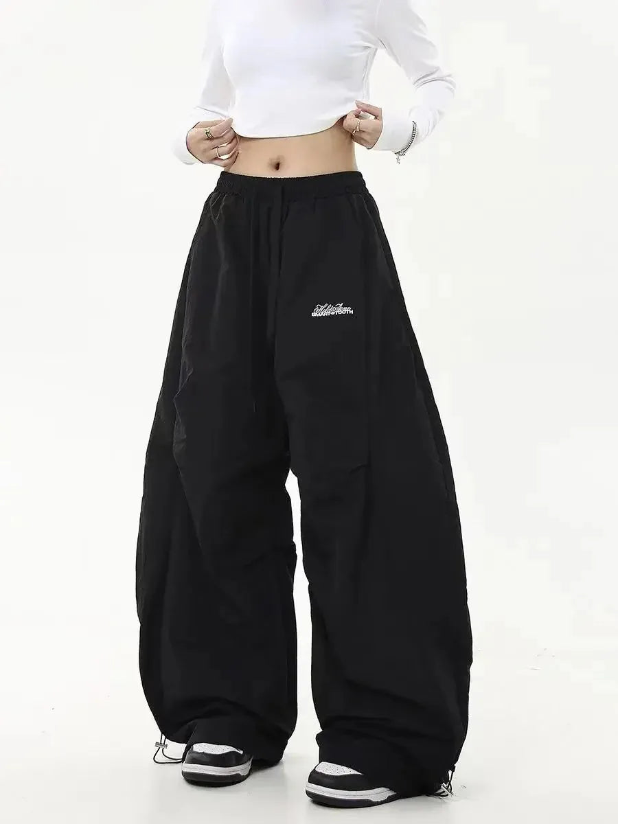 Women Casual Joggers Tech Pants Solid Low Waist Pants Drawstring Wide Leg Baggy Trousers Y2k Streetwear Oversize Sweatpants
