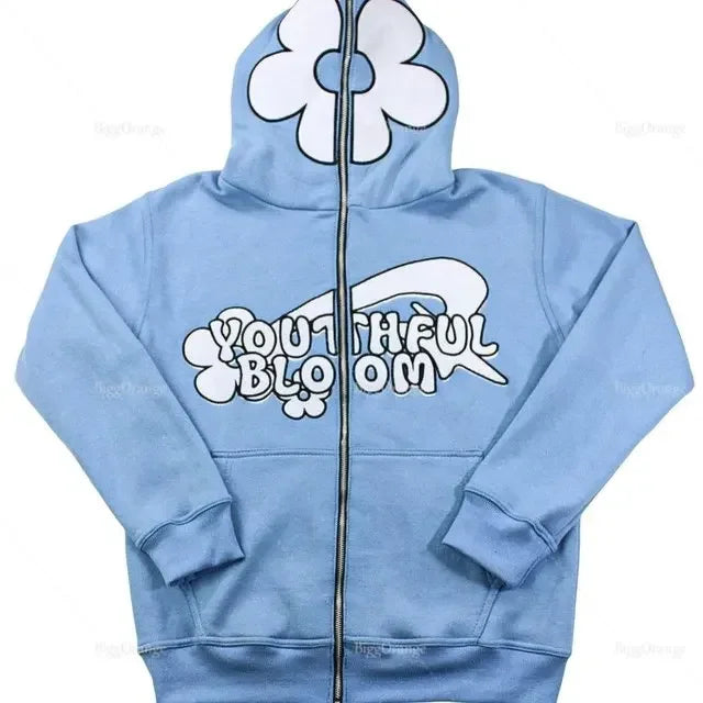 Harajuku Pink Petal Print Sweatshirts Full Zip Hoodie Streetwear Jacket Y2K Clothes New Lounge Wear Tracksuit Men Cloth NM33
