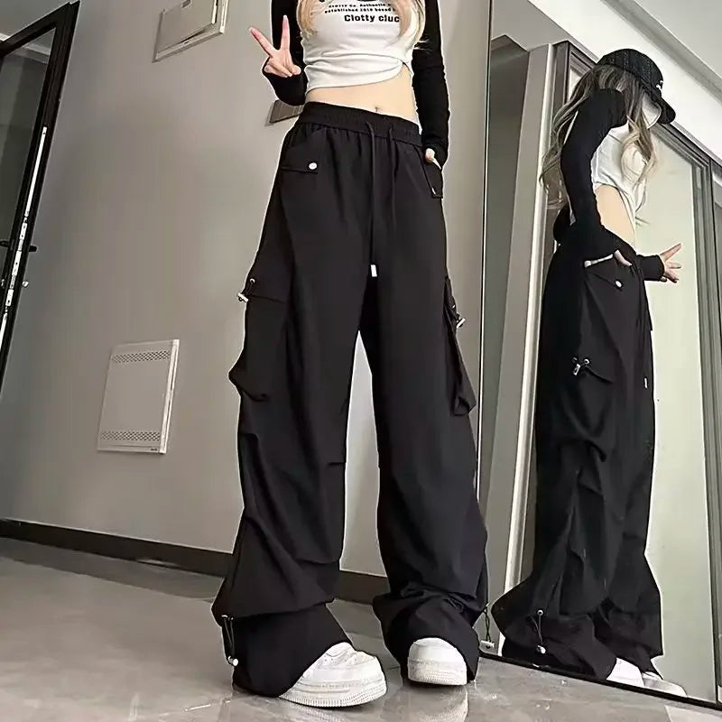 2025 Hip Hop Style White Y2k Baggy Kpop Pleated Trousers Cargo Parachute Pants Oversized Korean Streetwear Wide Leg Joggers 90s