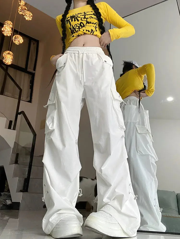 2025 Hip Hop Style White Y2k Baggy Kpop Pleated Trousers Cargo Parachute Pants Oversized Korean Streetwear Wide Leg Joggers 90s