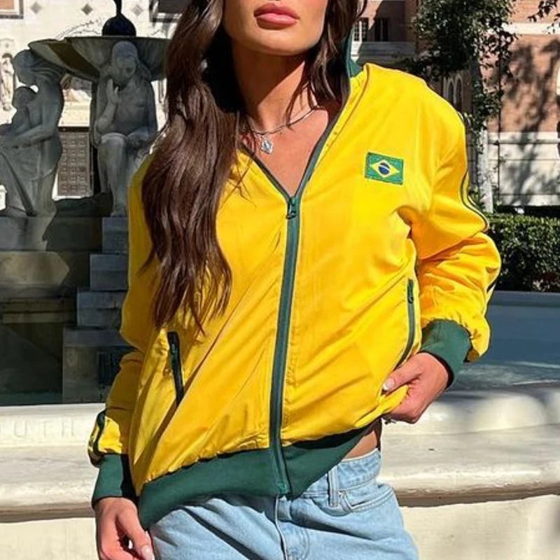 2000s Retro Grunge Gothic Jackets Coat Y2k Aesthetic Yellow Sweatshirts Brazil Letter Embroidery Graphic Pattern Zip Up Hoodies