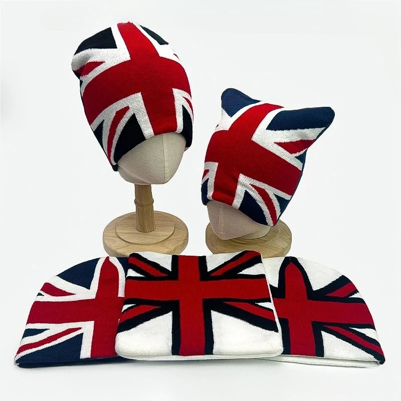 Autumn Winter Street Style UK Union Jack Jacquard Knit Beanie Unisex Warm Cold Weather Hat Fashion Personalized Cuffed Skull Cap