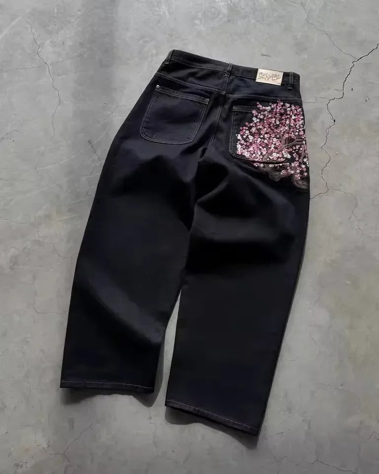 Vintage Low Waist Hip Hop Cherry Blossom Embroidered Jeans  Wide Leg Trousers Y2K Clothes Mens Womes Embroidered Baggy Jeans