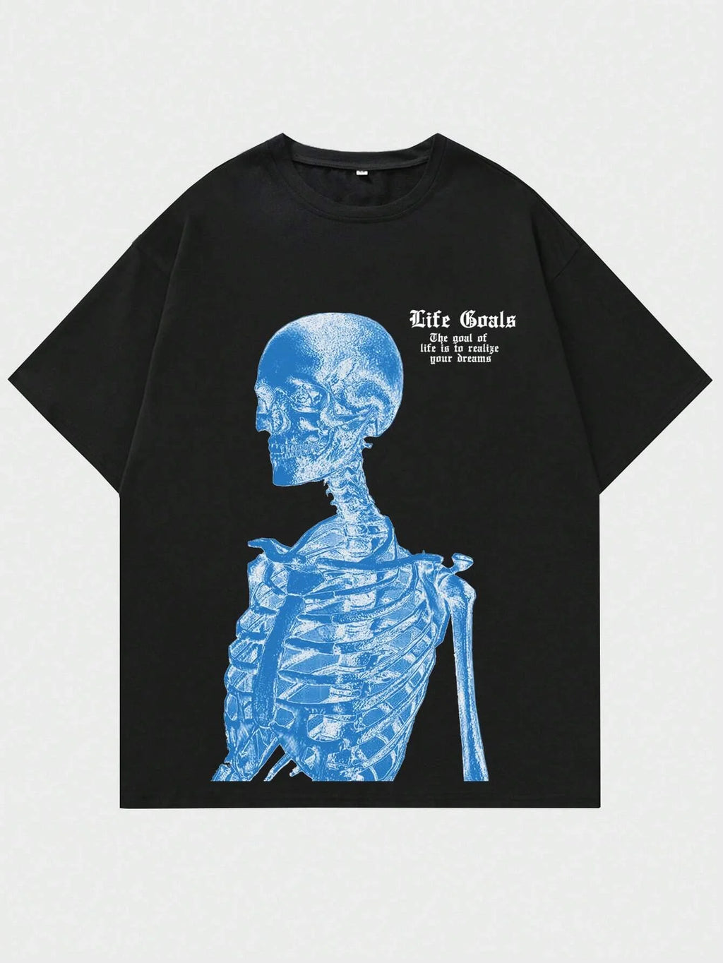 Blue Skeleton Man Life Goals Letter Printing Women T-Shirts Summer O-Neck Cotton Tops Street Fashion Tees Loose Soft Clothes