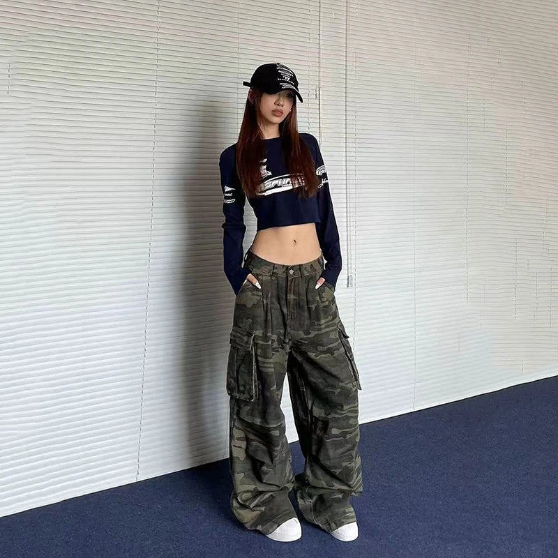 Y2K American Retro Camo Cargo Pants Female High Waist Oversized Pockets Wide Leg Pants Bf Hip Hop Streetwear Straight Trousers