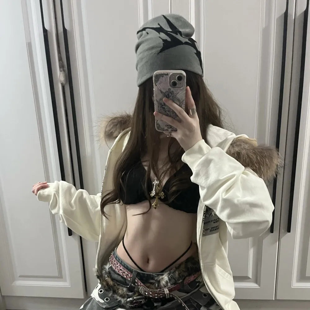 Women Hat Knitting Beanies Goth Star Caps Men Y2k Streetwear Winter Fashion Pullover Kpop Harajuku Vintage Warm Hip Hop Unisex