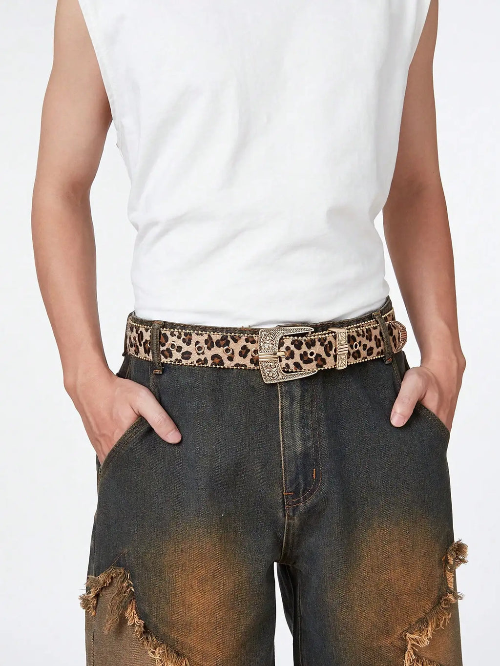 1pc Men Leopard Vintage Engraved Metal Buckle Pearl Edged Jeans Belt, Versatile For Casual Wear Halloween