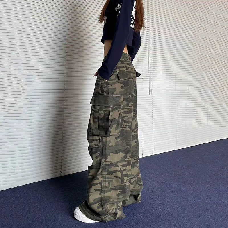 Y2K American Retro Camo Cargo Pants Female High Waist Oversized Pockets Wide Leg Pants Bf Hip Hop Streetwear Straight Trousers