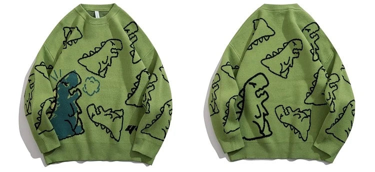 Men Streetwear Cartoon Dinosaur Sweater Hip-hop Loose Fit Round Neck Knitwear All-over Print Pullover Casual Sweater Men Women