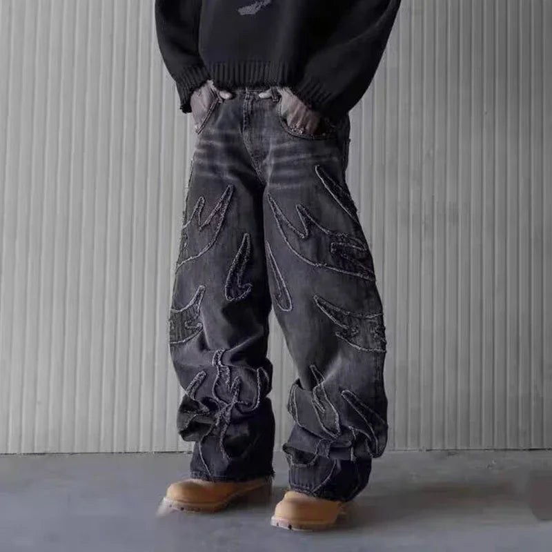 Street Gothic Retro High Waisted Wide Leg Trousers 2025 Y2k Hip Hop Baggy Jeans Men's Street Fashion Raw Edge Embroidered Jeans