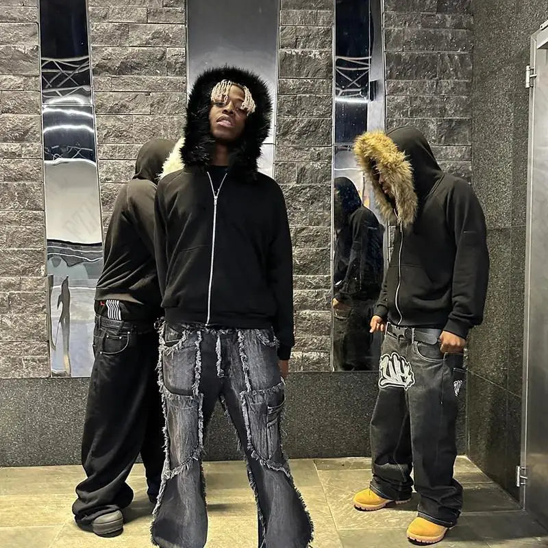 Y2K Zip up hoodie Faux Fur Collar Harajuku Rock Goth Top Retro Punk Loose Jacket Hip Hop Streetwear Zipper Hoodie sweatshirt EMO