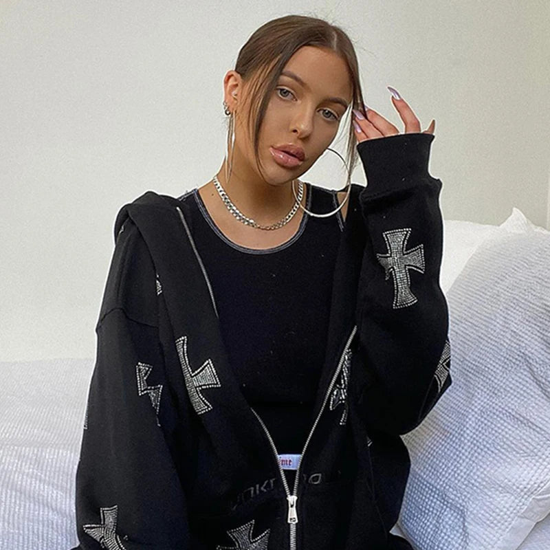 Rhinestone Full Zip Hoodie Goth Sweatshirt Pull Long Sleeve Black Hoodies Y2k Fashion Men's Women's Sport Jackets Coats New 2023