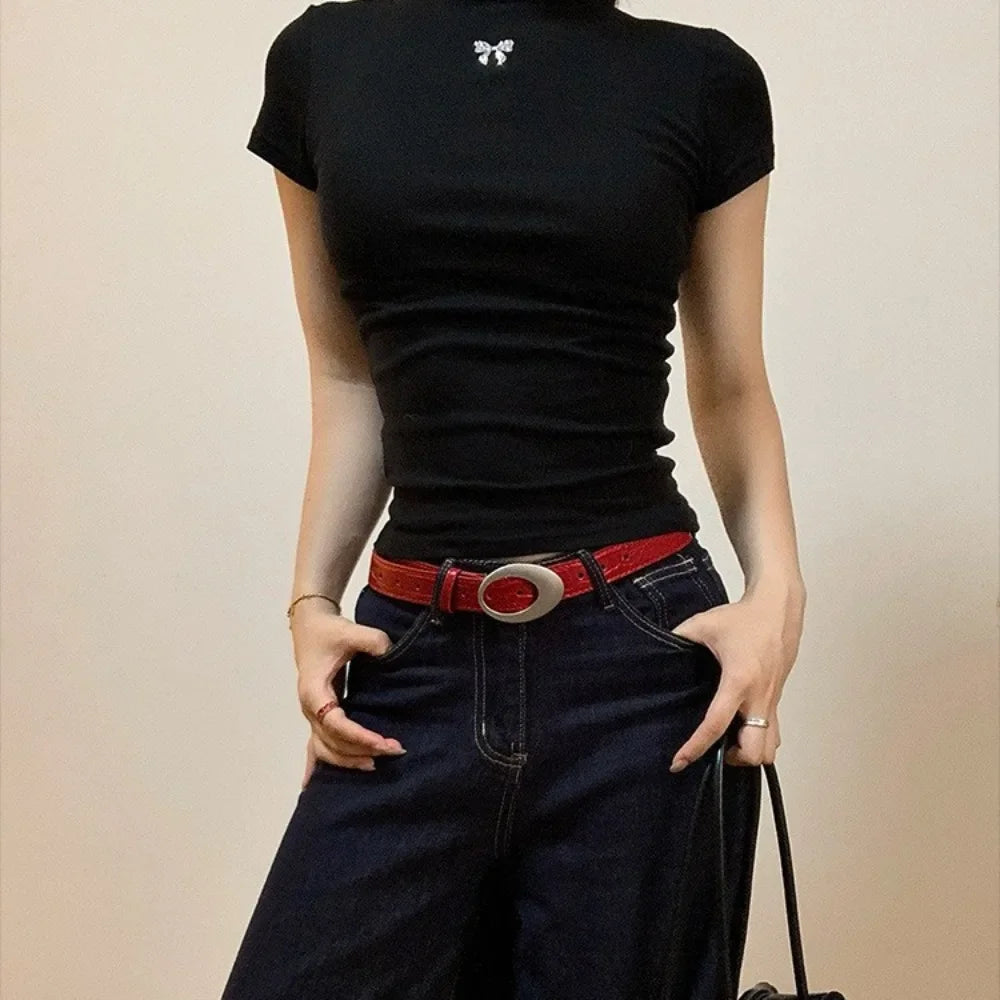 Adjustable Women's Crocodile-patterned Belt Simple Pin Buckle Imitation Leather Waist Belt Red Black Dress Waistband
