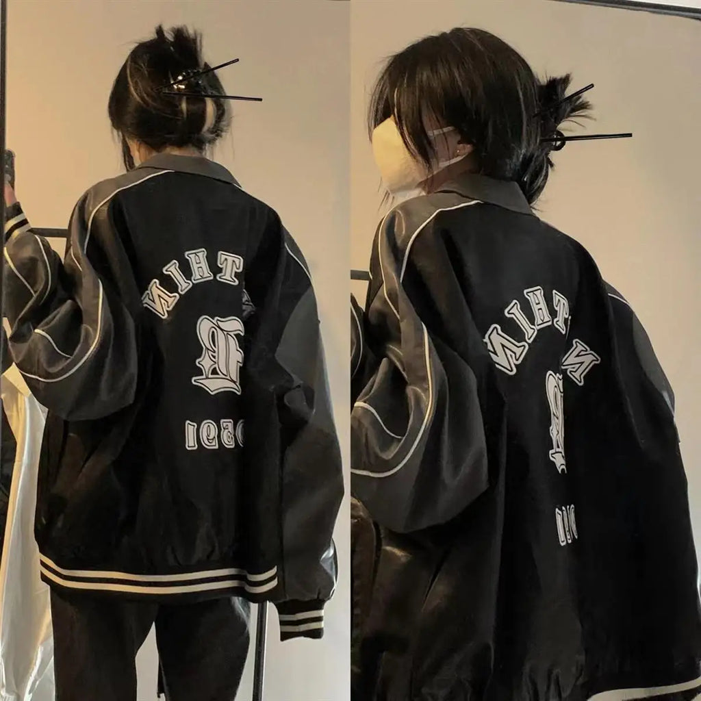 American Embroidery Color Matching Motorcycle PU Leather Jacket Couple Loose Casual High Street Jackets Overcoat Male Clothes