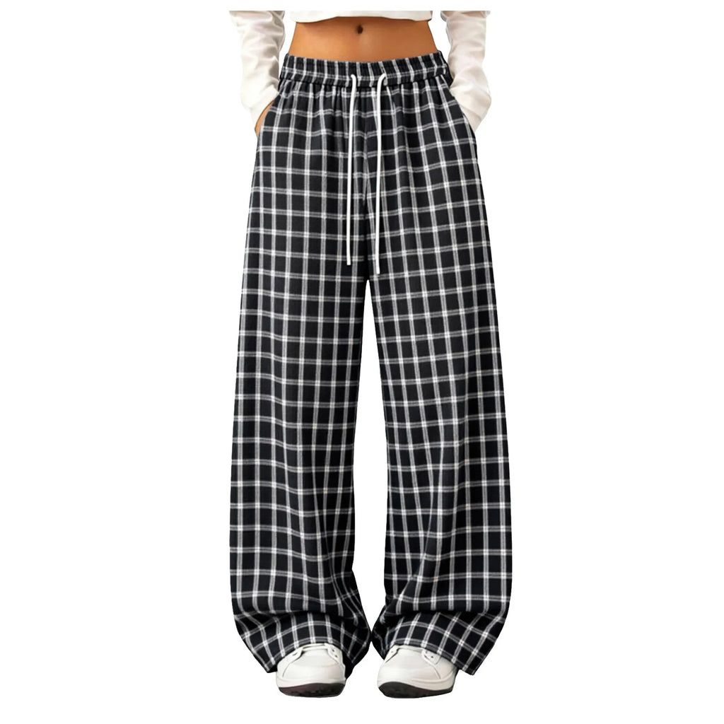 Women Plaid Straight Wide Leg Pants Drawstring Elastic Waist Loose Comfy Fit Casual Trendy Daily All Season Trousers Streetwear