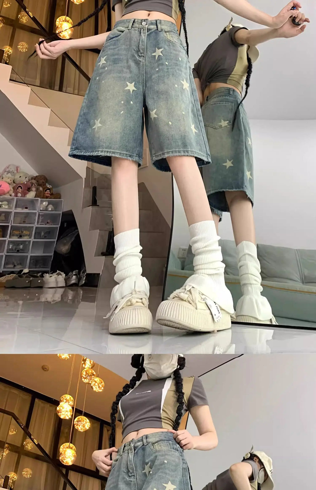 Casual Floral Print Loose Wide Leg Womens Jeans New American Retro Star Design Straight Leg Comfort Stretch Soft Denim Shorts