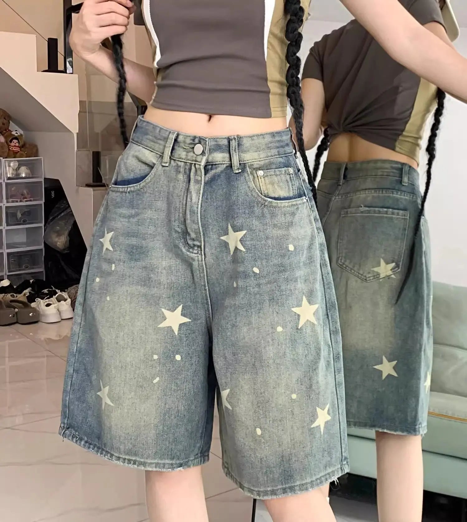 Casual Floral Print Loose Wide Leg Womens Jeans New American Retro Star Design Straight Leg Comfort Stretch Soft Denim Shorts
