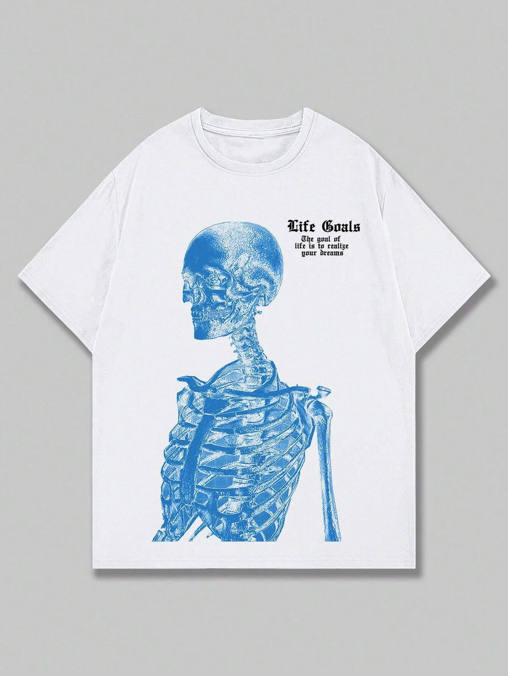 Blue Skeleton Man Life Goals Letter Printing Women T-Shirts Summer O-Neck Cotton Tops Street Fashion Tees Loose Soft Clothes