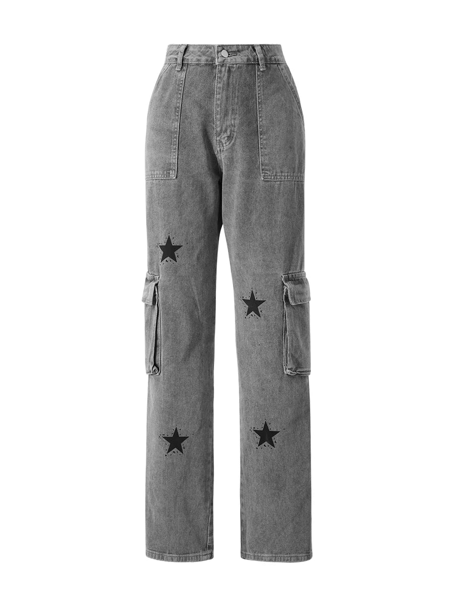 Combhasaki Women's Y2K Grunge Vintage Button Low Waist Cargo Straight Denim Pants Star Print Street Long Trousers with Pockets