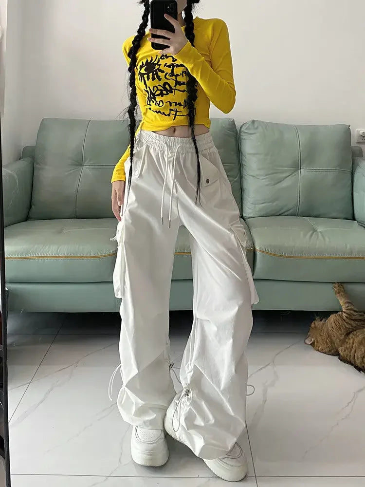 2025 Hip Hop Style White Y2k Baggy Kpop Pleated Trousers Cargo Parachute Pants Oversized Korean Streetwear Wide Leg Joggers 90s