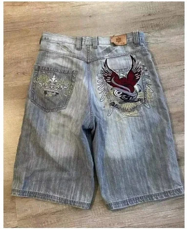 Streetwear Denim Shorts Mens Embroidery American Hip Hop Printed Loose Shorts Gothic Retro Harajuku Fashion Y2K New Shorts