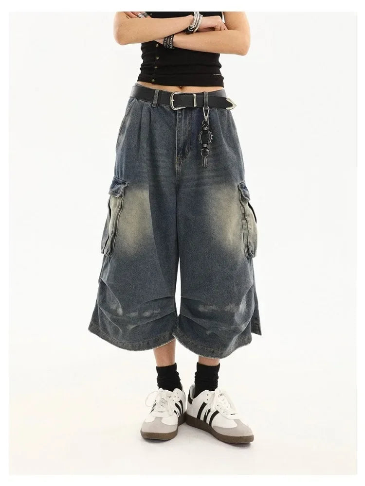High Waist  Retro Blue Washed Denim Shorts Women's Harajuku Vintage Fashion Casual Loose Y2K Streetwear Wide Leg Cropped Pants