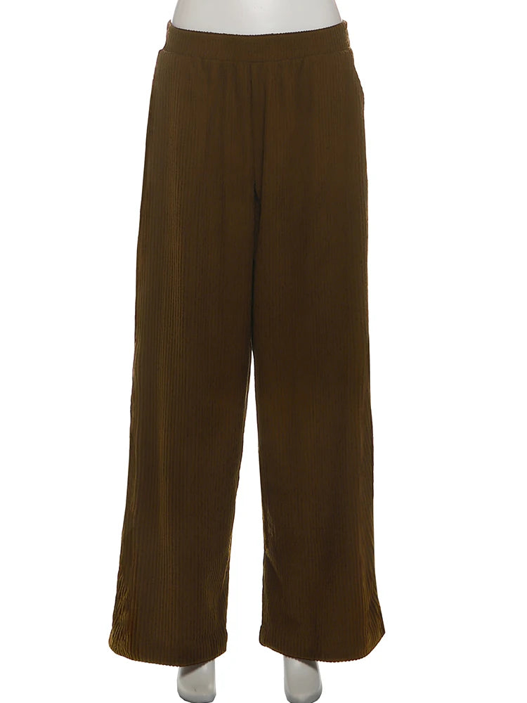 Weird Puss Y2K Casual Wide-Leg Pants Women Autumn Loose Simple Basic Pocket High Waist Trousers Corduroy Streetwear Long Bottoms
