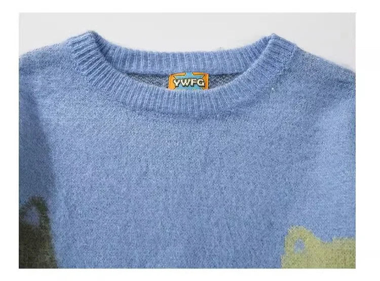 Cartoon Cat Graphic Knitted Sweater Men Oversized Hip Hop Streetwear Autumn Winter Pullover Black Loose Casual Jumper