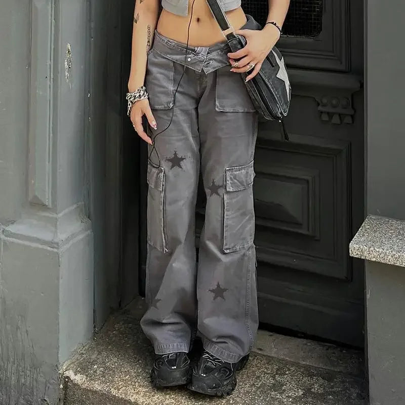 Combhasaki Women's Y2K Grunge Vintage Button Low Waist Cargo Straight Denim Pants Star Print Street Long Trousers with Pockets