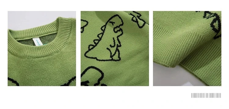 Men Streetwear Cartoon Dinosaur Sweater Hip-hop Loose Fit Round Neck Knitwear All-over Print Pullover Casual Sweater Men Women