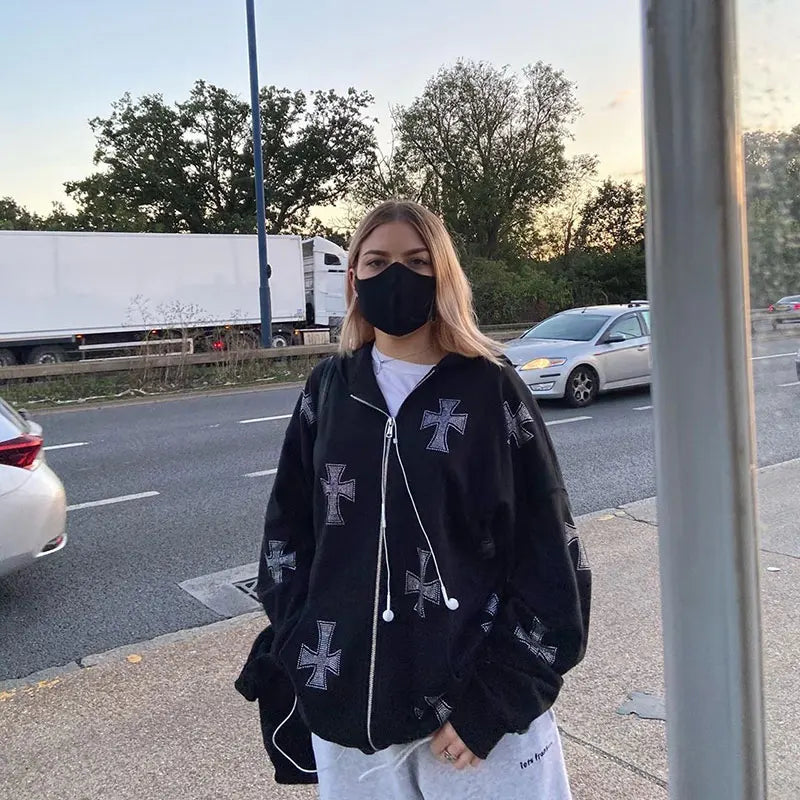 Rhinestone Full Zip Hoodie Goth Sweatshirt Pull Long Sleeve Black Hoodies Y2k Fashion Men's Women's Sport Jackets Coats New 2023