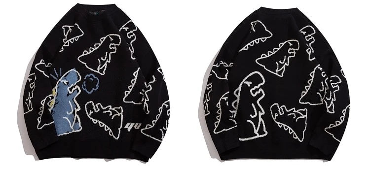 Men Streetwear Cartoon Dinosaur Sweater Hip-hop Loose Fit Round Neck Knitwear All-over Print Pullover Casual Sweater Men Women
