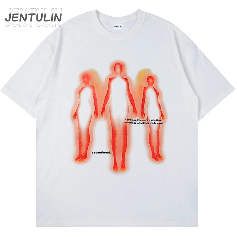 Vintage Oversized Men's Clothing Streetwear Abstract Shadow Graphic Print Distressed Black Tshirt Hip Hop Harajuku Y2k Goth Tops