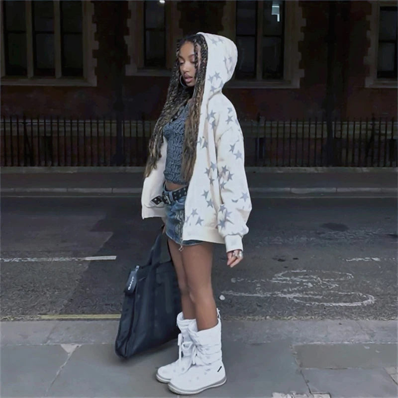 Y2K Hoodies Women Harajuku Star Print Loose Sweatshirt Trousers Hip Hop Punk Long Sleeve Pocket Men Tops Sweatpant Streetwear