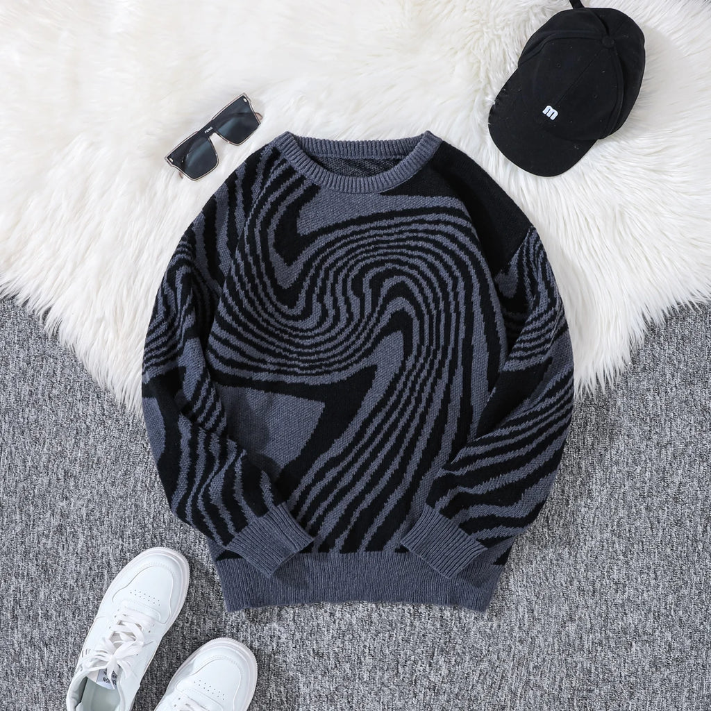 New Popular Autumn and Winter Maze Jacquard Pattern Pullover Sweater Casual Round Neck Contrast Color Knitted Men's Pullover