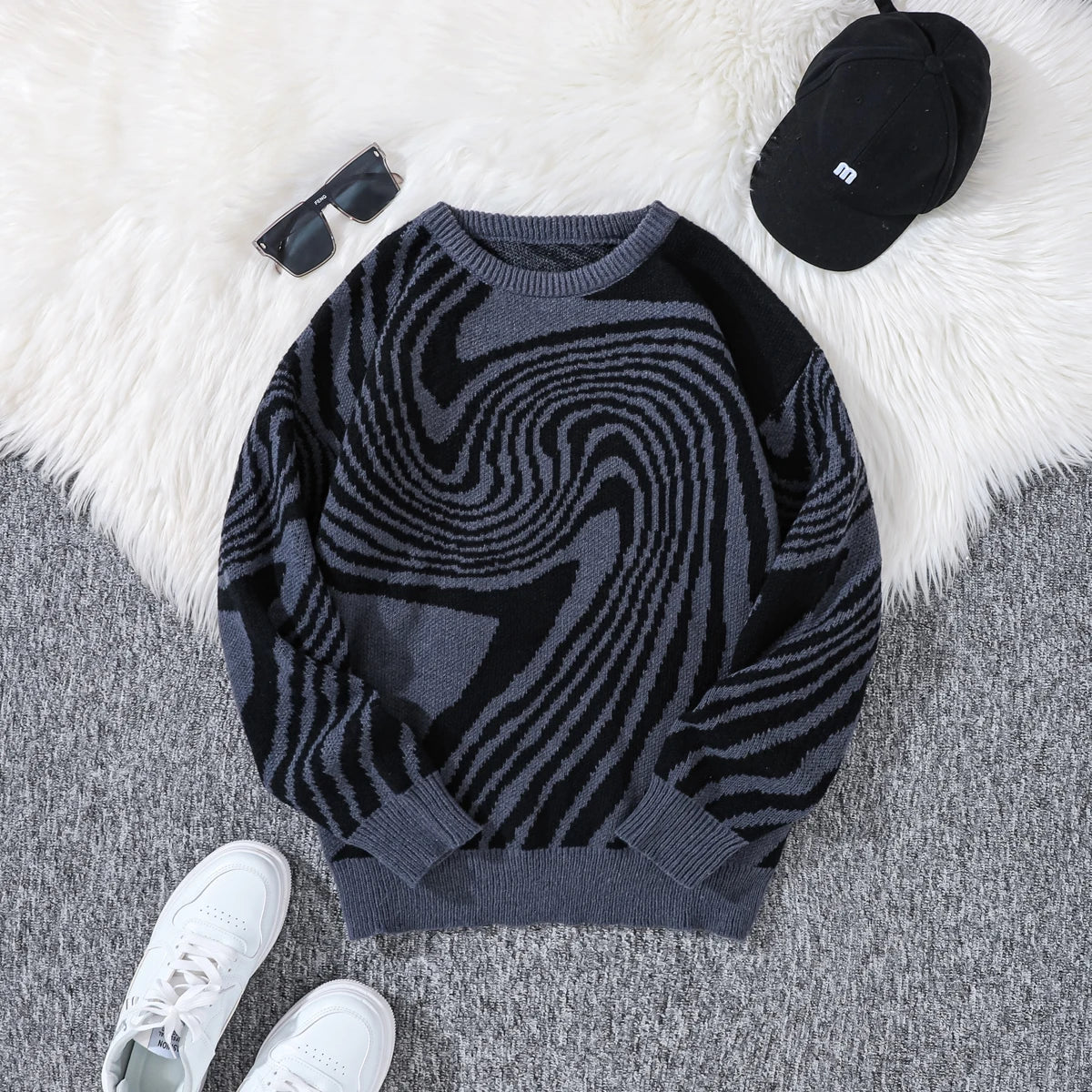 New Popular Autumn and Winter Maze Jacquard Pattern Pullover Sweater Casual Round Neck Contrast Color Knitted Men's Pullover