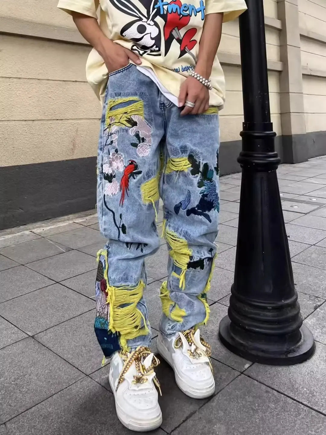 Embroidery heavy industry jeans couple summer trend hip-hop high street American style y2k new brushed loose straight-leg pants