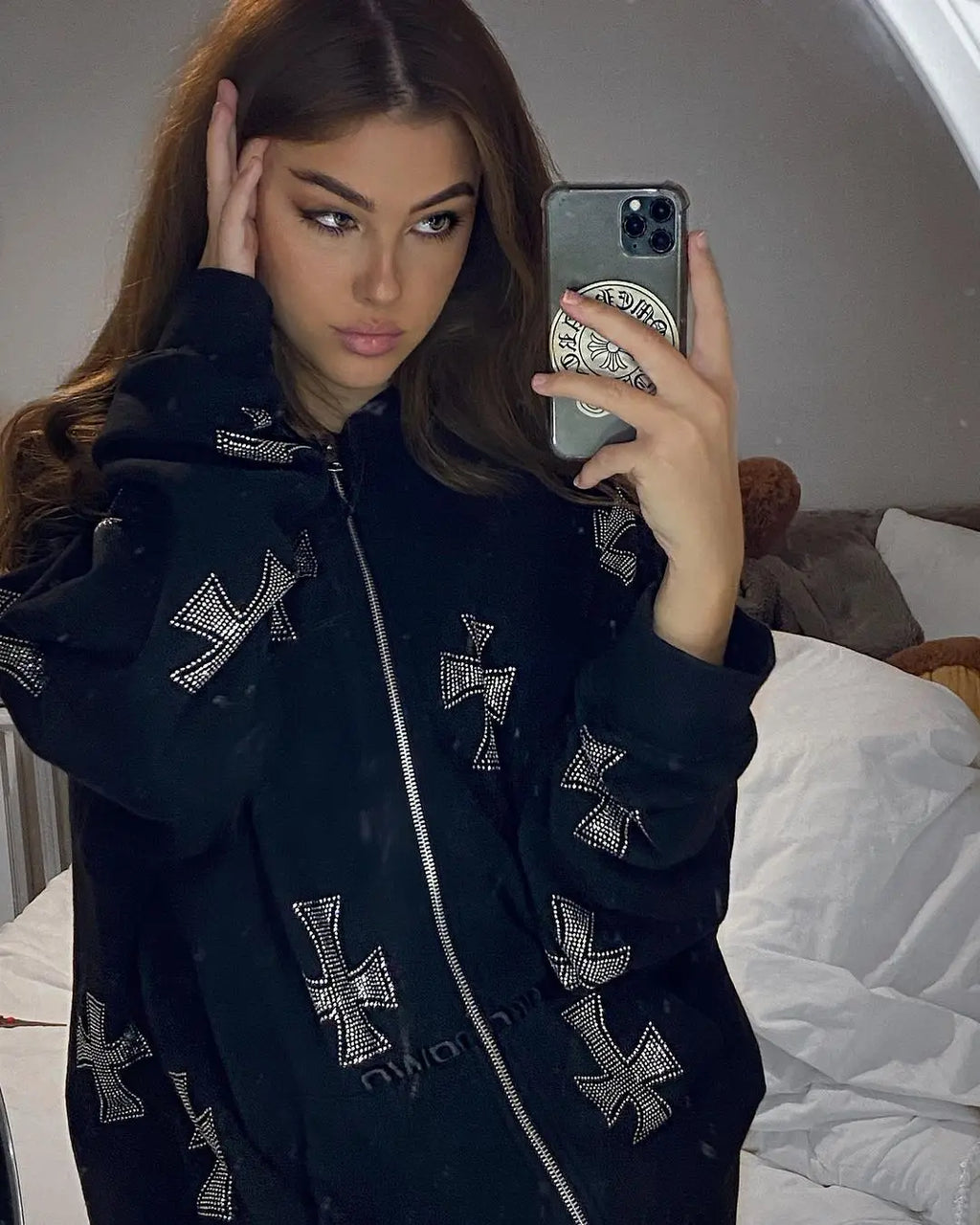 Rhinestone Full Zip Hoodie Goth Sweatshirt Pull Long Sleeve Black Hoodies Y2k Fashion Men's Women's Sport Jackets Coats New 2023