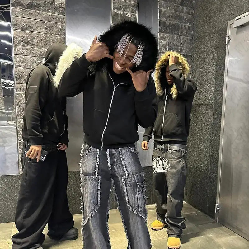 Y2K Zip up hoodie Faux Fur Collar Harajuku Rock Goth Top Retro Punk Loose Jacket Hip Hop Streetwear Zipper Hoodie sweatshirt EMO