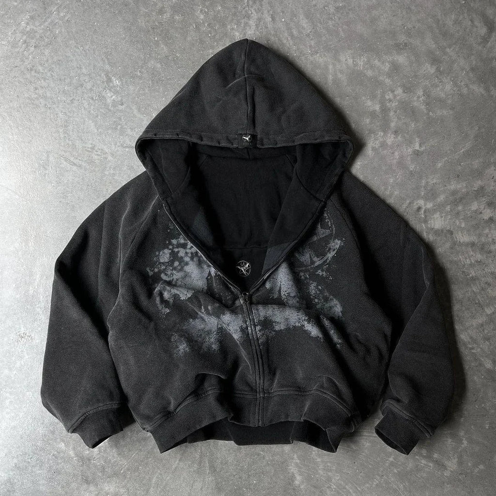 British Gothic Punk Printed Star Patch Embroidery Mens Womens Hooded Cardigan Harajuku Retro American Oversized Bat Sleeve Tops