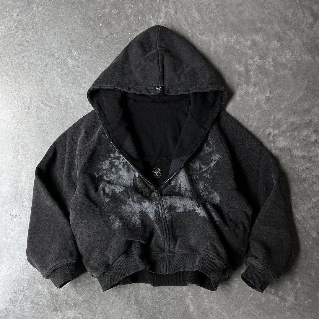 British Gothic Punk Printed Star Patch Embroidery Mens Womens Hooded Cardigan Harajuku Retro American Oversized Bat Sleeve Tops
