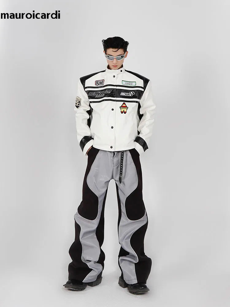 Mauroicardi Spring Autumn Cool Long Loose Casual Soft Patchwork Pu Leather Pants Men Luxury Designer Clothing Trousers 2023