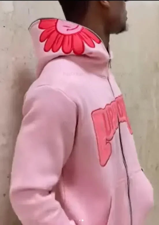 Harajuku Pink Petal Print Sweatshirts Full Zip Hoodie Streetwear Jacket Y2K Clothes New Lounge Wear Tracksuit Men Cloth NM33