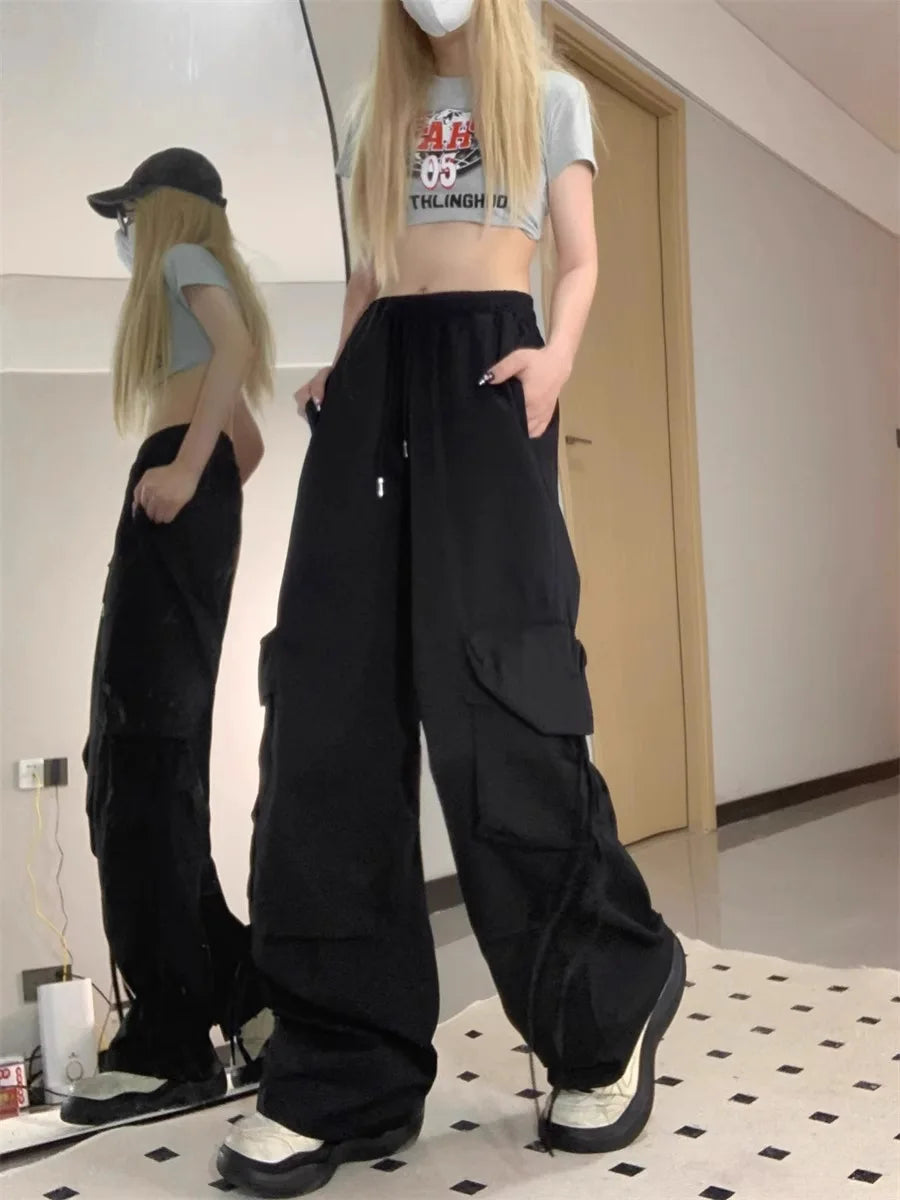 American Women's Overalls Retro Quick Drying Summer High Straight Wide Leg Streamers Loose Casual Floor Length Trousers Trend