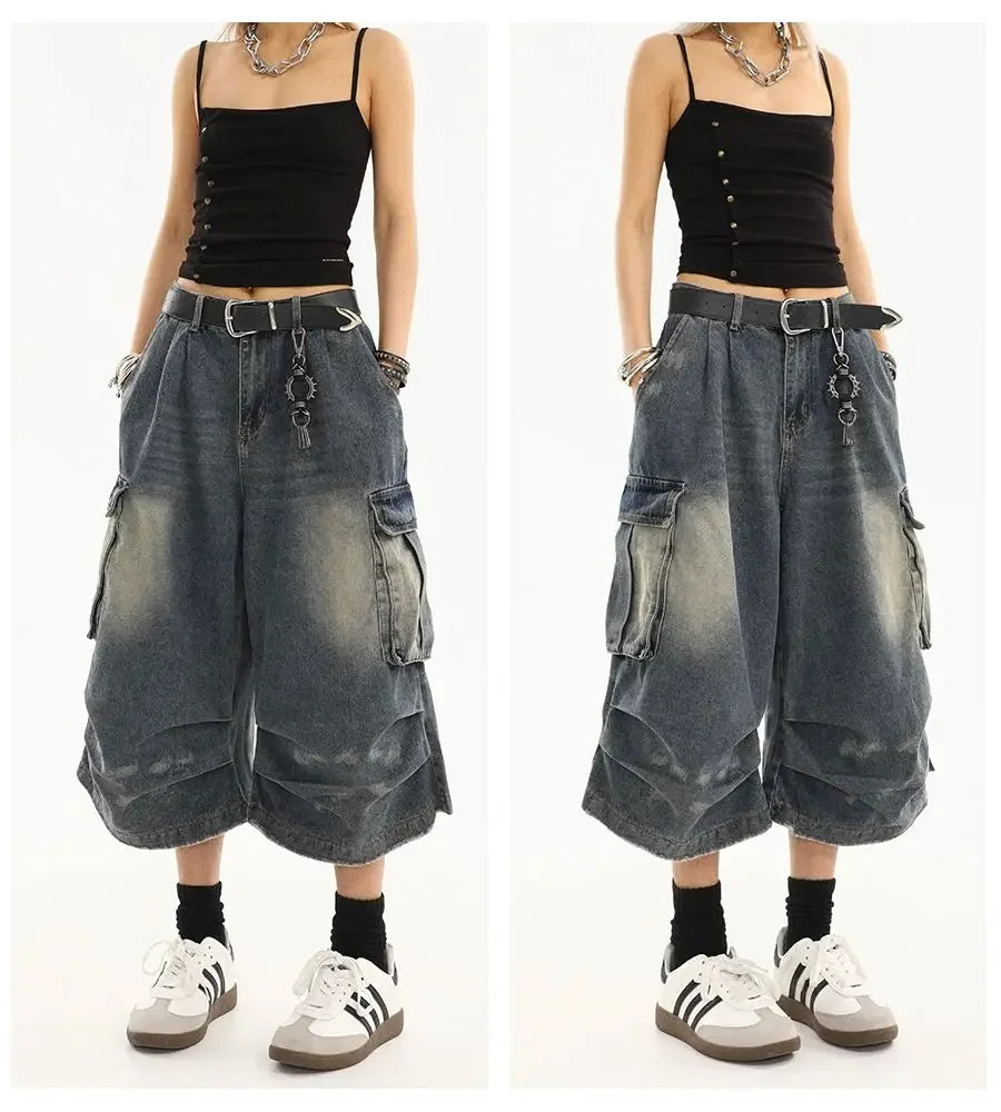 High Waist  Retro Blue Washed Denim Shorts Women's Harajuku Vintage Fashion Casual Loose Y2K Streetwear Wide Leg Cropped Pants