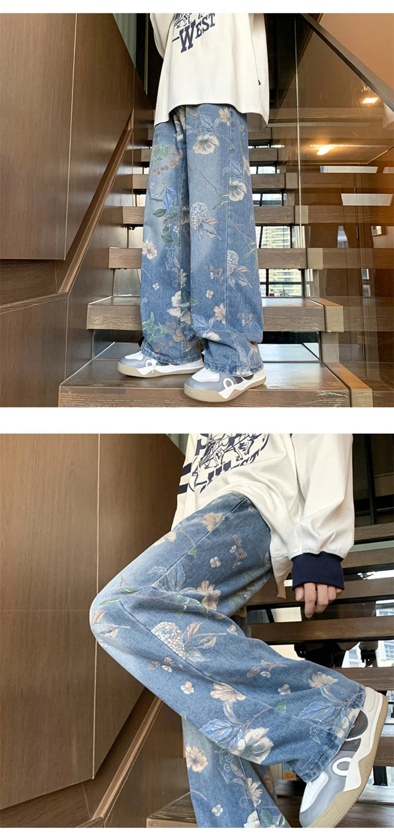 American High Street Floral Printed Jeans For Men 2026 New Y2K Vintage Denim Trousers Hip Hop Fashion Wide-leg Baggy Jean Pants