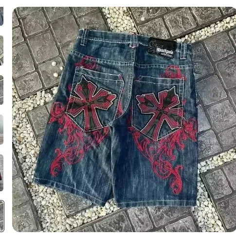 Streetwear Denim Shorts Mens Embroidery American Hip Hop Printed Loose Shorts Gothic Retro Harajuku Fashion Y2K New Shorts
