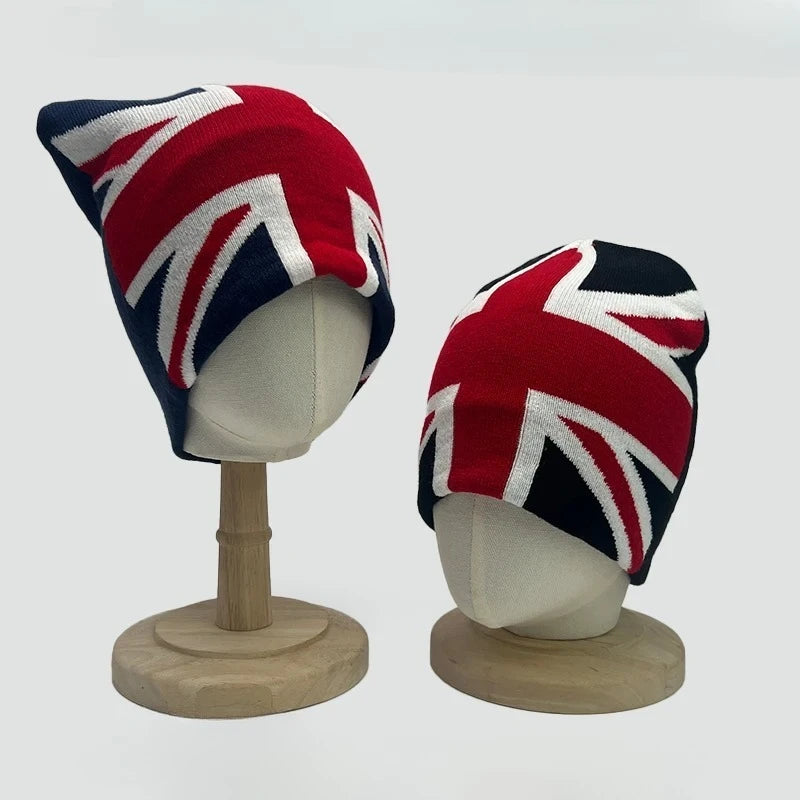 Autumn Winter Street Style UK Union Jack Jacquard Knit Beanie Unisex Warm Cold Weather Hat Fashion Personalized Cuffed Skull Cap